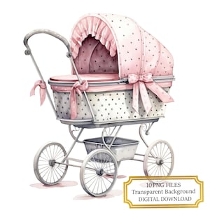 Vintage Pink Baby Stroller PNG Clipart Bundle- Digital Download