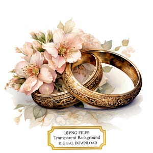 Paquete de imágenes prediseñadas de anillos de boda florales estilo shabby chic: 10 PNG de acuarela de alta calidad. Descarga digital para bodas, manualidades, diarios y álbumes de recortes.