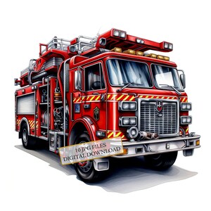 Pacchetto Clipart Camion dei Pompieri - 10 JPG ad acquerello di alta qualità - Journaling, fornitura di album, download digitale