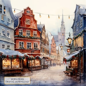 Winter Fest Dorfplatz Landschaft Clipart Bundle - 10 hochwertige Aquarell JPGs - Weihnachten, Journaling, Scrapbook, digitaler Download