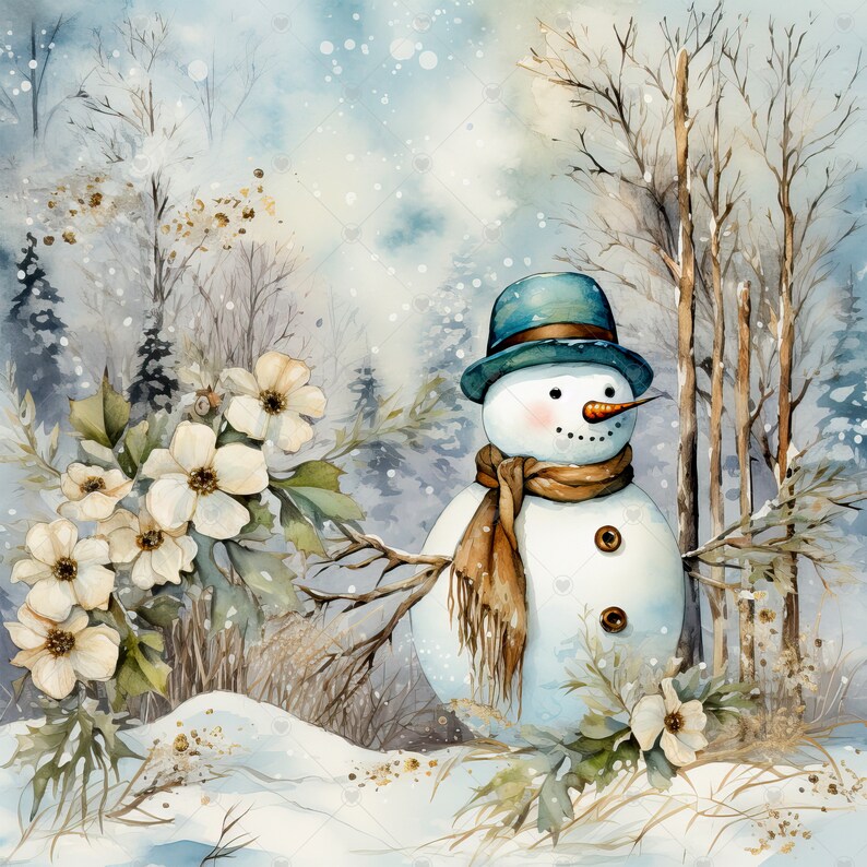 Vintage Shabby Chic Snowman Clipart Bundle 10 High Quality Watercolor