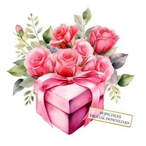 Pacote de clipart de rosas cor-de-rosa com caixa em formato de coração - 10 JPG aquarela de alta qualidade - Dia dos Namorados, Diário, Álbum de recortes, Download digital