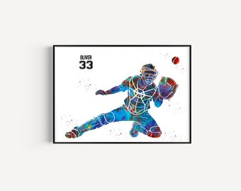 Male Softball Player, Personalized Name and Number, Sport, Watercolor Art Gift, Printable Poster