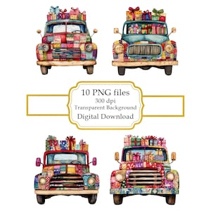 Patchwork Retro Car with Christmas Gifts PNG Clipart Bundle- Digital Download