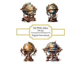 Steampunk World Globe PNG Clipart Bundle- Digital Download