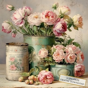 Shabby Chic Retro Lattine e Fiori Clipart Bundle- 10 JPG ad acquerello di alta qualità- Artigianato, Journaling, Forniture per album, Download digitale