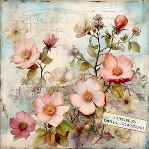 Shabby Chic Wild Roses Aged Paper Clipart Bundle - 10 JPG ad acquerello di alta qualità - Artigianato, diario, forniture per album, download digitale
