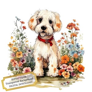 Joli chien avec des fleurs Clipart Bundle-10 PNGs aquarelle de haute qualité - Cottage Art, journalisation, fournitures de scrapbooking, téléchargement numérique