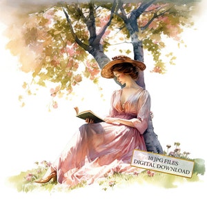 Vittoriano donna che legge sotto l'albero Clipart Bundle- 10 JPG ad acquerello di alta qualità- Vintage, Journaling, Scrapbooking, Download digitale