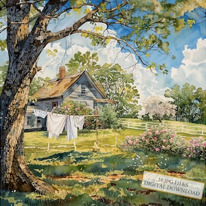 Kleren drogen aan de waslijn in een cottage-tuin clipartbundel-10 hoge kwaliteit aquarel jpgs-journaling, scrapbooking, digitale download