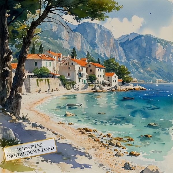 Dalmatia Seaside Town Scenery Clipart Bundle- 10 High Quality Watercolor JPGs- Crafting, Junk Journaling, Scrapbook, Digital Download