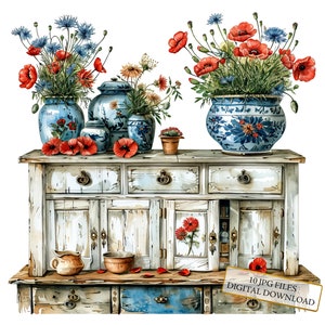 Rustic White Country Kitchen Cabinet Clipart Bundle- 10 High Quality Watercolor JPGs- Crafting, Journaling, Scrapbooking, Digital Download