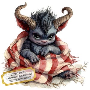 Baby Krampus in Cozy Blanket Clipart Bundle- 10 High Quality Watercolor PNGs- Christmas, Journaling, Scrapbook Supply, Digital Download