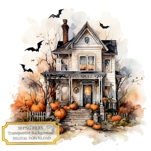 Spooky Halloween House Clipart Bundle- 10 High Quality Watercolor PNGs- Halloween Art, Journaling, Scrapbooking, Digital Download