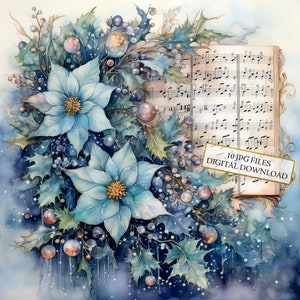 Vintage Christmas Pearls and Music Notes Clipart Bundle- 10 wysokiej jakości akwareli JPG- Sztuka świąteczna, materiały do scrapbookingu, pobieranie cyfrowe