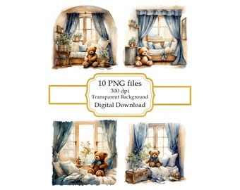 Teddy Bear Blue Nursery PNG Clipart Bundle- Digital Download