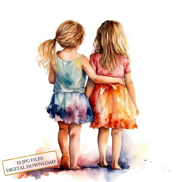 Little Girl Best Friends Clipart Bundle- 10 High Quality Watercolor JPGs-Friendship Art, Journaling, Scrapbook Supply, Digital Download