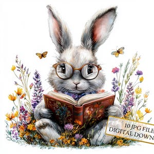 Hase mit Brille, lesend in einer Wiese, Clipart Bundle- 10 hochwertige Aquarell JPGs, - Kinderzimmer, Journaling, Scrapbooking, digitaler Download