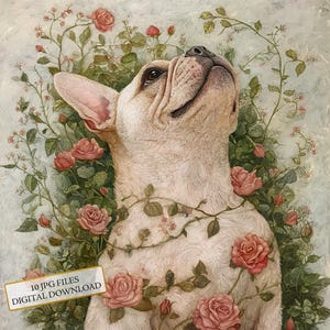 Pacote de clipart de retrato de buldogue francês com flores - 10 JPGs de aquarela de alta qualidade - Diário, material para scrapbook, download digital