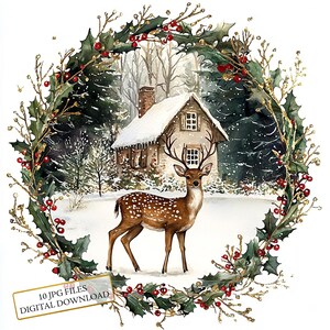 Cervo vicino a un cottage in un pacchetto di clipart di ghirlande natalizie - 10 JPG di acquerelli di alta qualità - Artigianato invernale, diario, album di ritagli, download digitale
