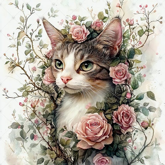 油絵 絵画【猫とピンク薔薇】 ピンクバラ お花 猫 バラ ピンクのバラで飾られた猫のJPGクリップ