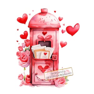 Pacchetto di clipart di lettere d'amore per cassette postali - 10 JPG ad acquerello di alta qualità - San Valentino, diario, fornitura di album di ritagli Download digitale