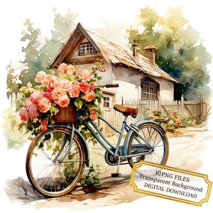 Bicycle with Flower Basket in the Countryside Clipart Bundle-10 High Quality Watercolor PNGs- Journaling, Scrapbook Supply, Digital Download