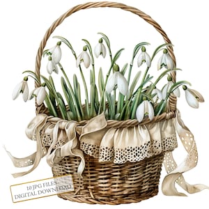 Schneeglöckchen in einem Korb mit Spitze und Band Clipart Bundle - 10 hochwertige Aquarell JPGs - Journaling, Scrapbook Versorgung, digitaler Download