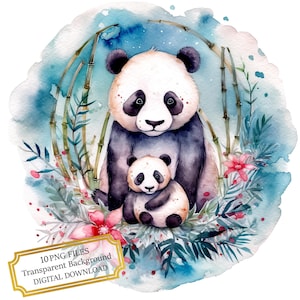 Mère panda avec bébé en bambou cercle Clipart Bundle-10 PNGs aquarelle haute qualité-journal, scrapbooking, téléchargement numérique