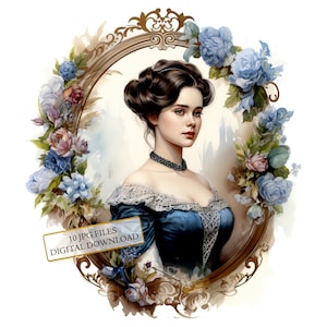 Vintage Lady Portrait Clipart Bundle - 10 JPG aquarelles de haute qualité - journalisation, scrapbooking, téléchargement numérique