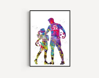 Dad and Daughter Soccer Personalized Name and Number, Sport, Watercolor Art Gift, Printable Poster
