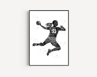 Female Handball Player, Personalized Name and Number, Sport, Watercolor Art Gift, Printable Poster