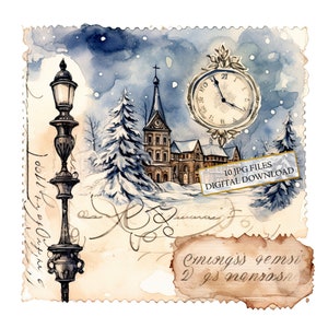 Bundle de cliparts vintage carte postale nuit de Noël - 10 JPG aquarelles de haute qualité - Art de Noël, fournitures de scrapbooking, téléchargement numérique