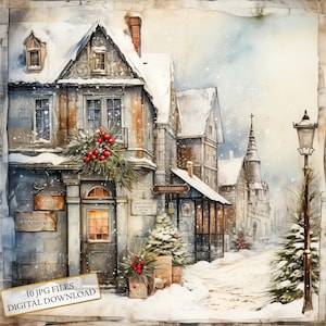 Shabby chique grunge kerst stad clipart bundel-10 hoge kwaliteit aquarel jpgs-kerst, journaling, plakboek, digitale download