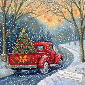 Vintage Red Truck with Christmas Tree JPG Clipart Bundle- Digital Download