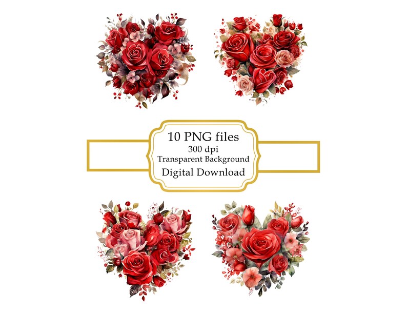 Heart Shaped Red Pink Rose Bouquet PNG Clipart Bundle- Digital Download ...