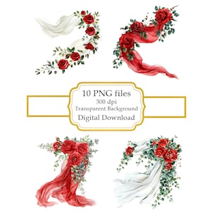 Wedding Decor with Veil and Red Roses PNG Clipart Bundle- Digital Download