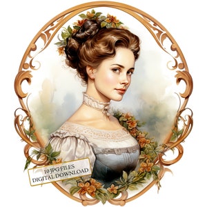 Pacchetto di clipart di ritratti di donne d'epoca - 10 JPG di acquerelli di alta qualità - Journaling, Scrapbooking, Download digitale