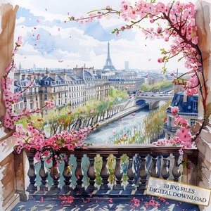 Vista di Parigi da un balcone floreale rosa Clipart Bundle - 10 JPG acquerelli di alta qualità - Journaling, Scrapbooking, Download digitale