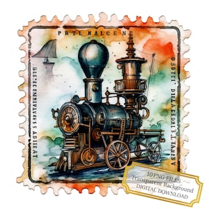 Pacote de Cliparts de Selos Postais Steampunk - 10 PNGs de Aquarela de Alta Qualidade - Artesanato, Diário, Suprimentos para Scrapbook, Download Digital