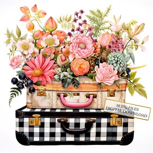 Valise vintage à motifs avec fleurs Clipart Bundle - 10 JPG aquarelles de haute qualité - Art de voyage, journalisation, album, téléchargement numérique