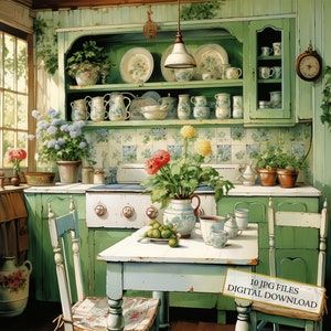 Shabby Chic Rustic Green Kitchen Clipart Bundle - 10 JPG ad acquerello di alta qualità - Forniture per artigianato, journaling, scrapbooking, download digitale