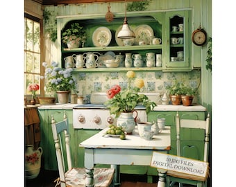 Shabby Chic Rustic Green Kitchen JPG Clipart Bundle- Digital Download