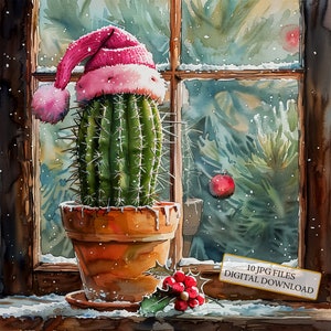 Eingemachter Kaktus mit rosa Winterhut im Fenster Clipart Bundle - 10 hochwertige Aquarell JPGs - Journaling, Scrapbook Versorgung, digitaler Download