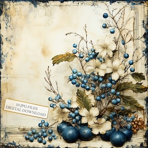 Vintage blauwe kerstpapier clipartbundel-10 hoge kwaliteit aquarel jpg's-decoupage ambacht, journaling, plakboek, digitale download