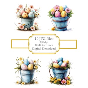 Easter Eggs in Rustic Bucket with Spring Flowers JPG Clipart Bundle- Digital Download