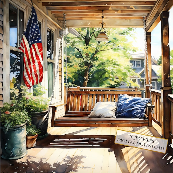 American Porch with Flag and Swinging Bench Clipart Bundle- 10 High Quality Watercolor JPGs- Journaling, Scrapbooking, Digital Download