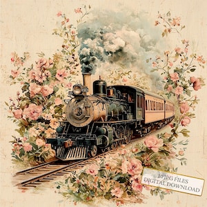Pacchetto di clipart di carta invecchiata floreale con treni d'epoca - 10 JPG ad acquerello di alta qualità - Decoupage, diario, album, download digitale