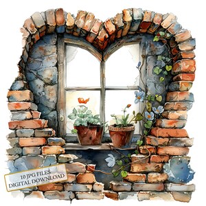 Pacote de clipart de flor crescendo em janela de tijolo em forma de coração - 10 JPGs de aquarela de alta qualidade - artesanato, diário, álbum de recortes, download digital