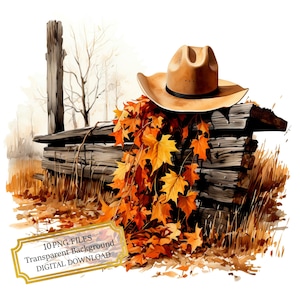 Pacchetto di clipart con cappello da cowboy su una staccionata di legno in autunno - 10 PNG ad acquerello di alta qualità - Arte western, journaling, album, download digitale